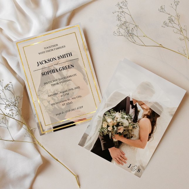 Convite Elegant Golden Frame Photo Wedding Invitation (Criador carregado)