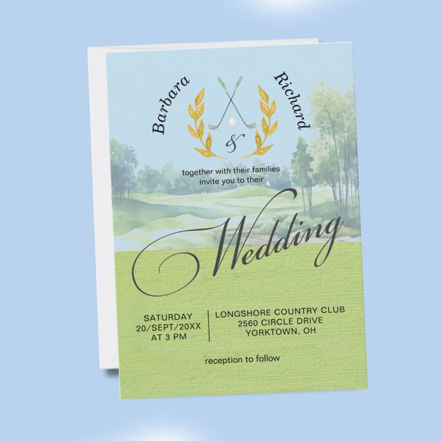 Convite Elegant Golf Wedding Watercolor Golf Course  (Criador carregado)