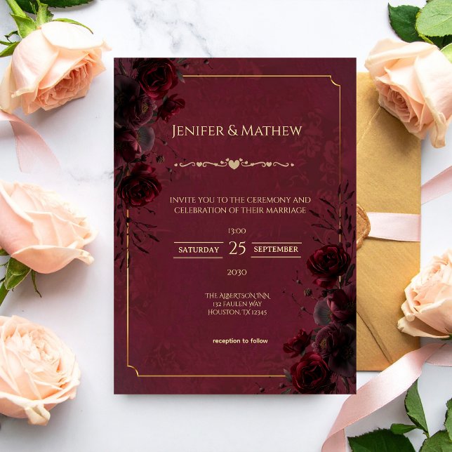 Convite Elegant Gothic Red and Black Romance Wedding  (Criador carregado)
