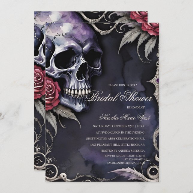 Convite Elegant Gothic Skull & Red Roses Bridal Shower (Frente/Verso)