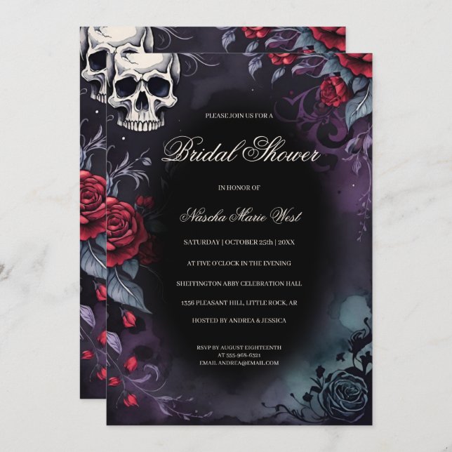 Convite Elegant Gothic Skull & Roses Bridal Shower (Frente/Verso)