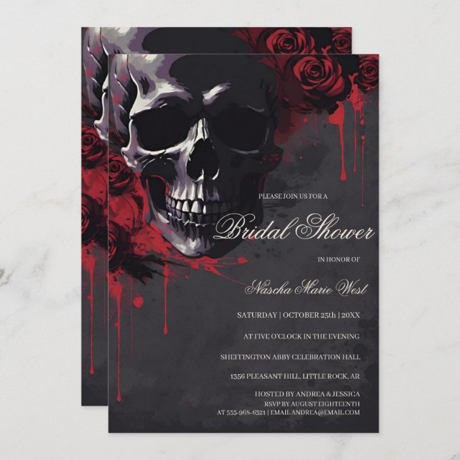 Convite Elegant Gothic Skull & Roses Bridal Shower (Frente/Verso)