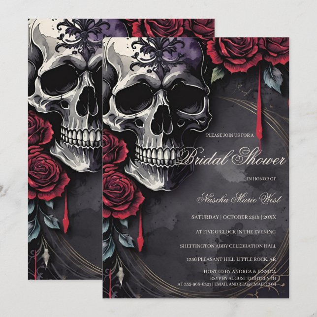 Convite Elegant Gothic Skull & Roses Bridal Shower (Frente/Verso)