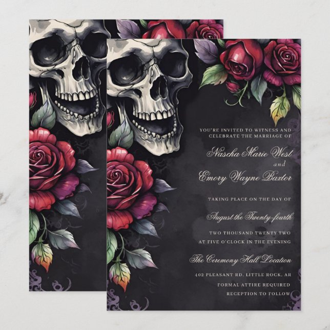 Convite Elegant Gothic Skull & Roses Wedding (Frente/Verso)