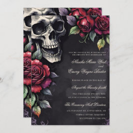 Convite Elegant Gothic Skull & Roses Wedding