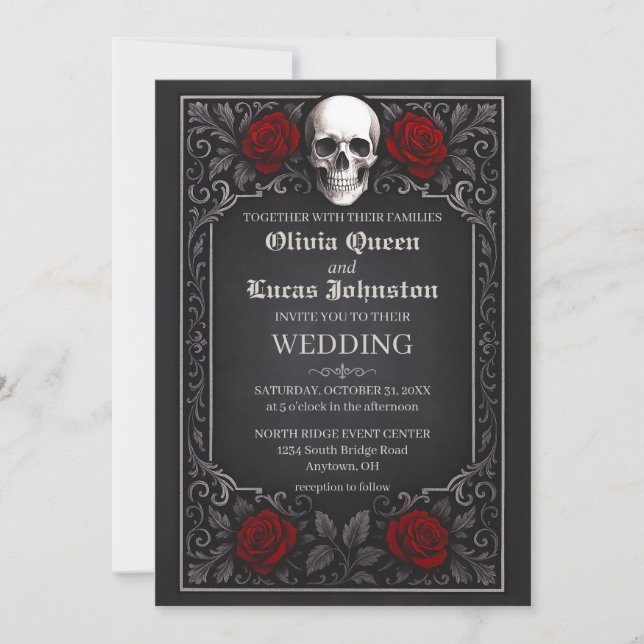Convite Elegant Gothic Skull & Roses Wedding Invitation    (Frente)