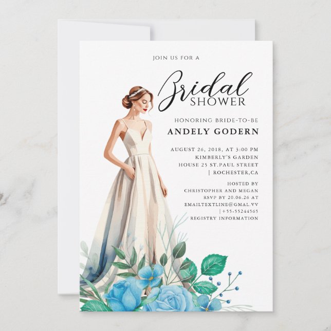 Convite Elegant Gown Illustration with  Bridal Shower (Frente)