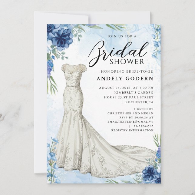 Convite Elegant Gown Illustration with  Bridal Shower (Frente)
