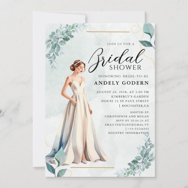Convite Elegant Gown Illustration with  Bridal Shower (Frente)