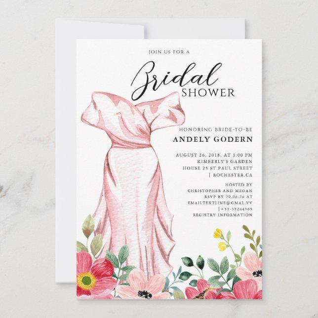 Convite Elegant Gown Illustration with  Bridal Shower (Frente)