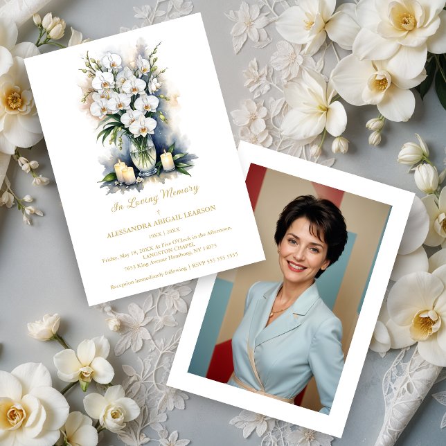 Convite Elegant Graceful White Orchid Bouquet & Candles  (Elegant White Orchid Bouquet & Candle Memorial Funeral Invitation Cards with Photo on Back.)