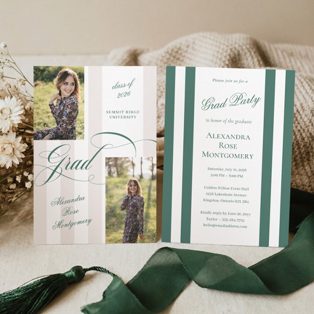 Convite Elegant Grad Script French Stripe Photo Graduation (Elegant Grad Script French Stripe Photo Graduation Invitation)
