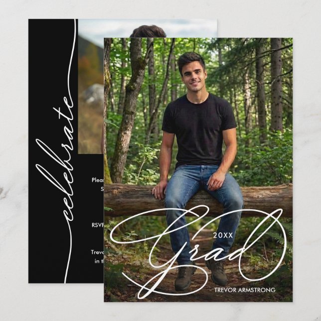 Convite Elegant Grad Script Photo Graduation (Frente/Verso)