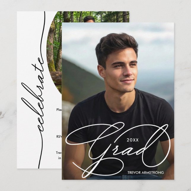 Convite Elegant Grad Script Photo Graduation (Frente/Verso)