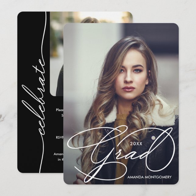 Convite Elegant Grad Script Photo Graduation Invitation (Frente/Verso)