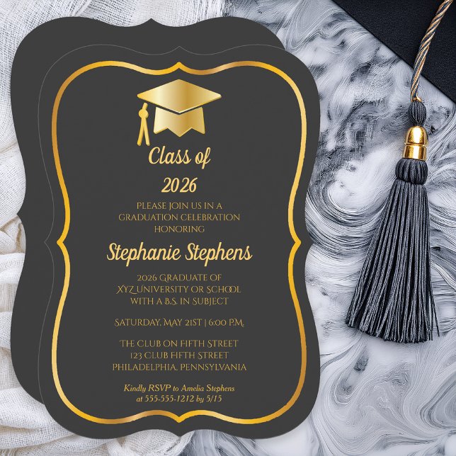 Convite Elegant Graphite | Gold Cap Graduation Party (Elegant Graphite and Gold Tone Grad Cap Graduation Party Invitation - Print |  Download)