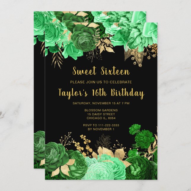 Convite Elegant Green and Gold Flowers Sweet Sixteen (Frente/Verso)
