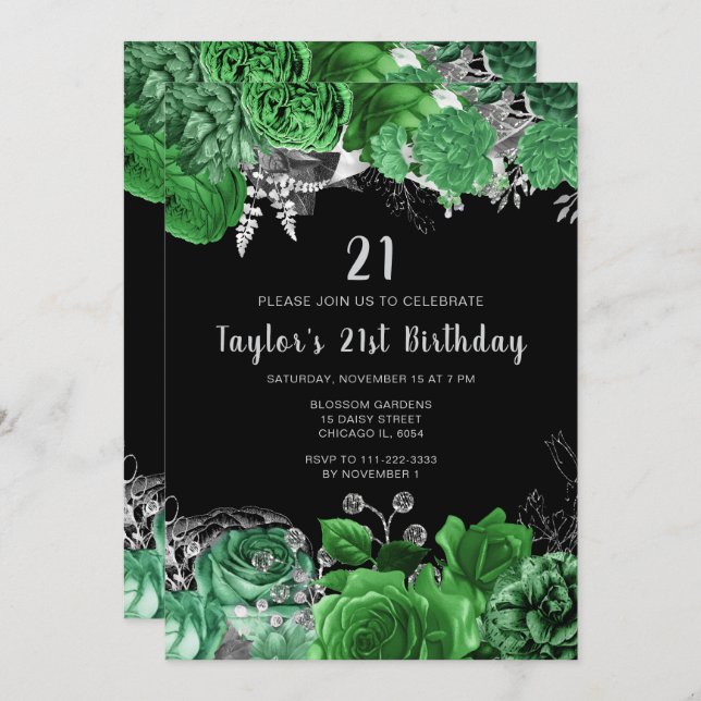 Convite Elegant Green and Silver Flowers Birthday Party (Frente/Verso)