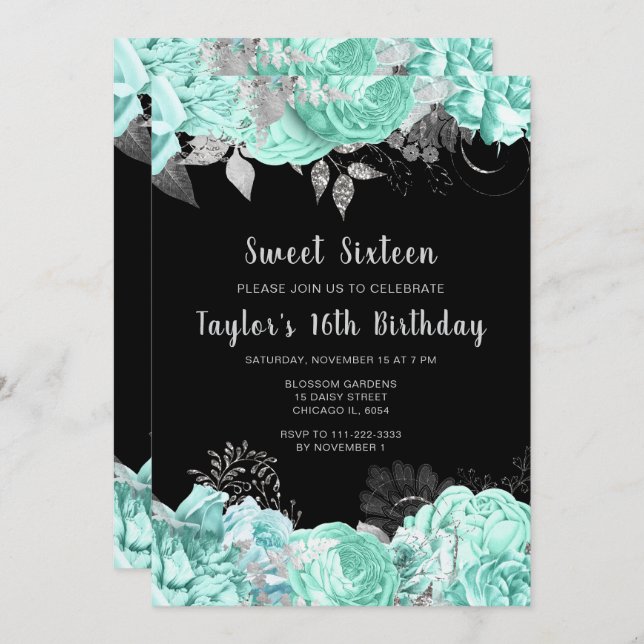 Convite Elegant Green and Silver Flowers Sweet Sixteen (Frente/Verso)
