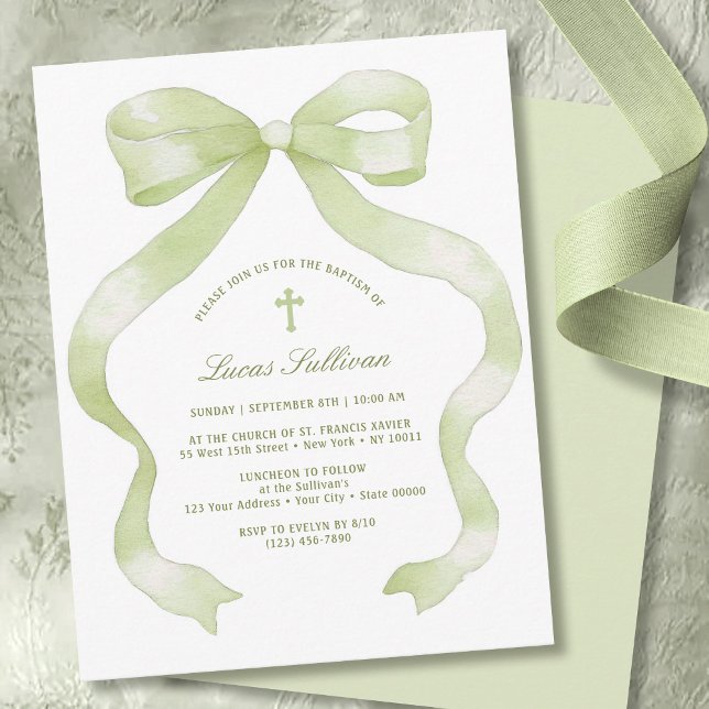 Convite Elegant Green Bow Baptism (Criador carregado)