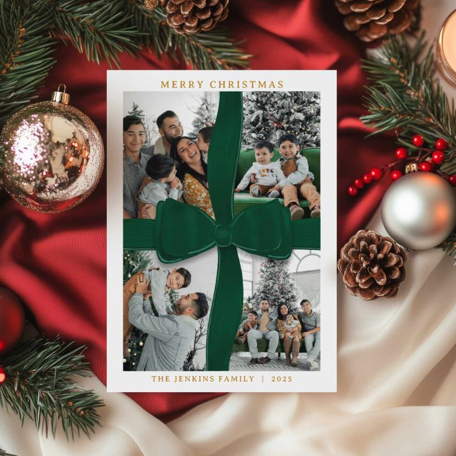 Convite Elegant Green Bow Photo Merry Christmas Card (Green Bow Merry Christmas 4 Photo Holiday Card)