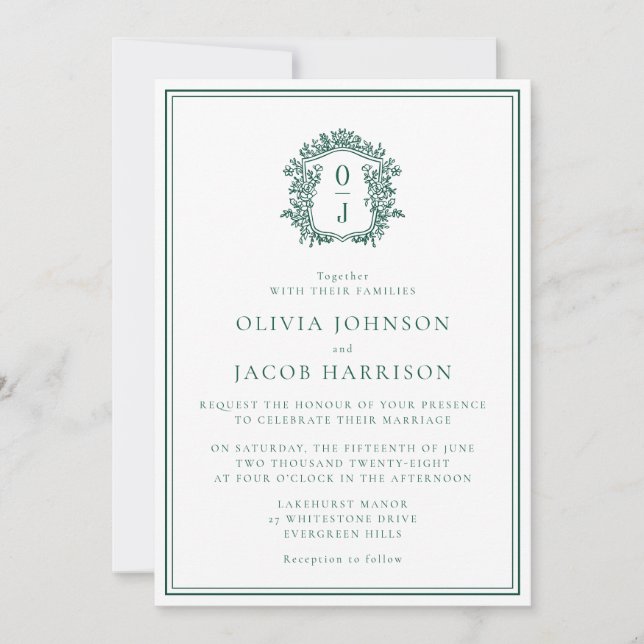 Convite Elegant Green Crest Wedding Invitation (Frente)