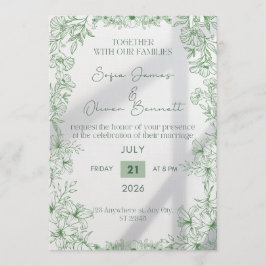 Convite Elegant Green Floral Line Art Wedding Invitation