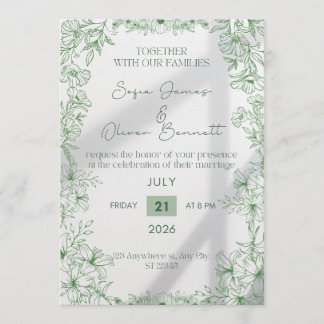Convite Elegant Green Floral Line Art Wedding Invitation 