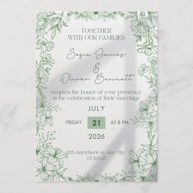 Convite Elegant Green Floral Line Art Wedding Invitation  (Frente)