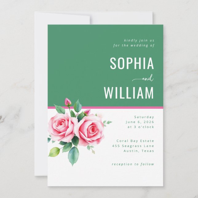 Convite Elegant Green Floral Roses (Frente)