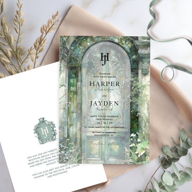 Convite Elegant Green Garden Watercolor Wedding Monogram (Criador carregado)