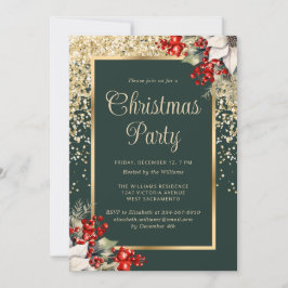 Convite Elegant Green Gold Botanical Christmas Party