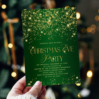 Convite Elegant Green Gold Glitter Christmas Eve Party
