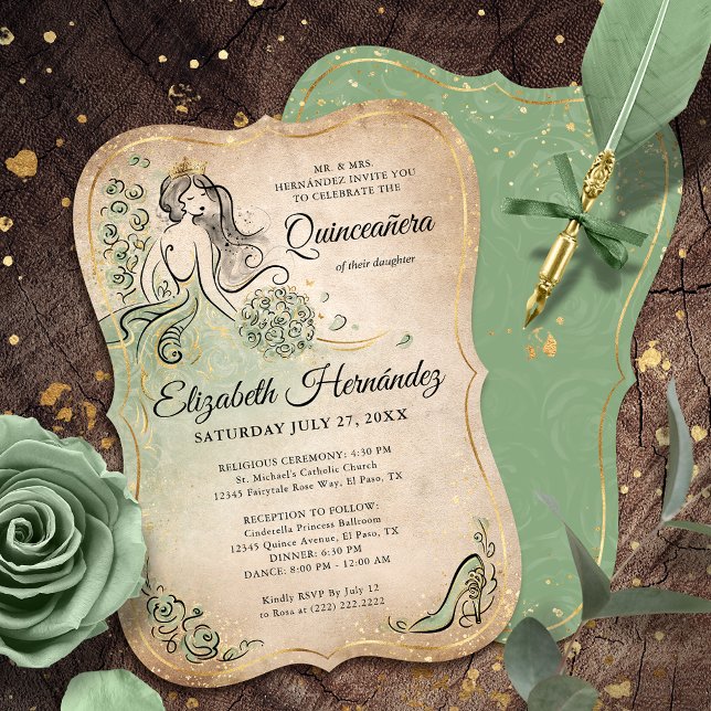 Convite Elegant Green Gold Princess Quinceanera Birthday (Bring your fairytale to life with these gold and sage green birthday invitations fit for a princess.)