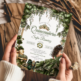 Convite Elegant Green Golden Tiara Floral  Quinceañera