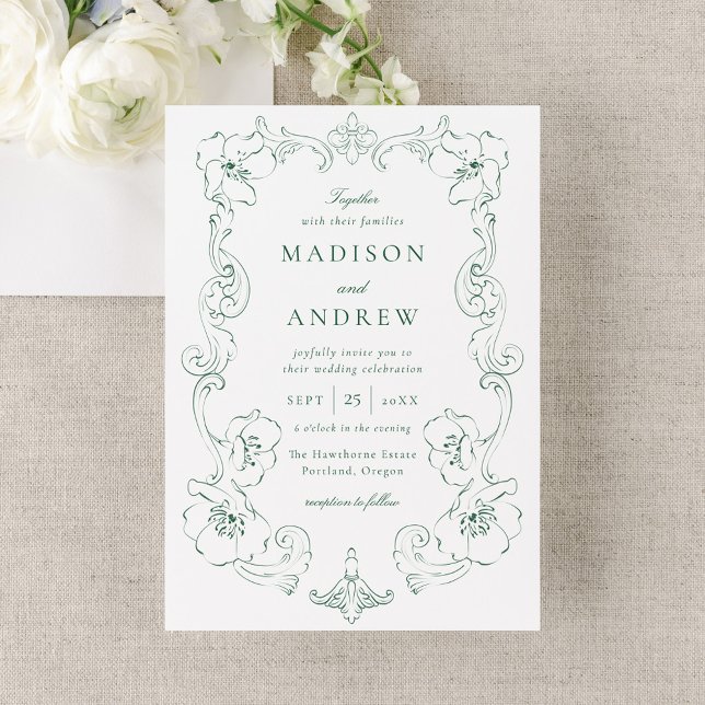 Convite Elegant Green Ornate Floral Frame Wedding (Criador carregado)