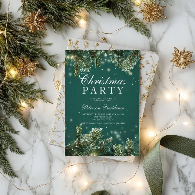 Convite Elegant green pine snowy Holiday Christmas party (Elegant green pine snowy Holiday Christmas party Invitation)