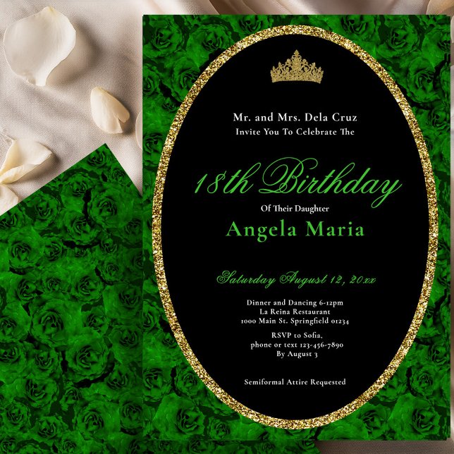 Convite Elegant Green Rose Floral 18th Birthday Debut (Criador carregado)