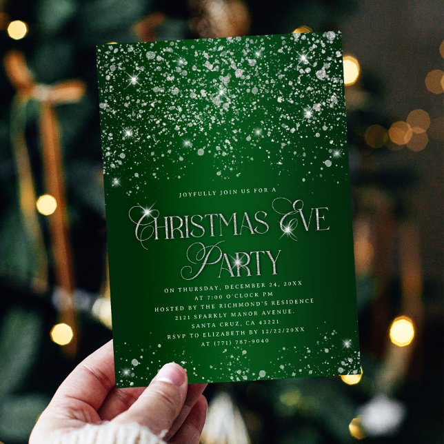 Convite Elegant Green Silver Glitter Christmas Eve Party (Criador carregado)