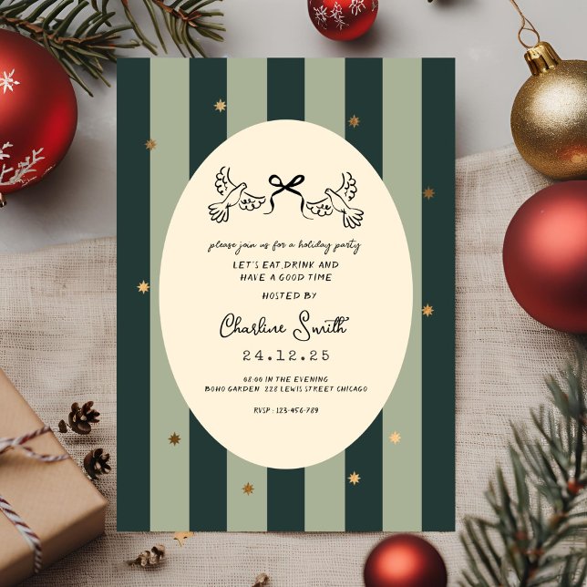 Convite Elegant Green Striped Holiday Party Invitation (Criador carregado)