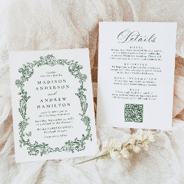 Convite Elegant Green Victorian Floral All in One Wedding
