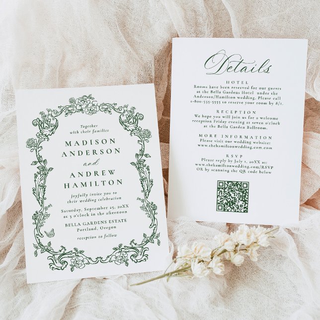 Convite Elegant Green Victorian Floral All in One Wedding (Criador carregado)