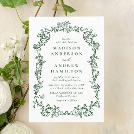 Convite Elegant Green Victorian Floral Frame Wedding