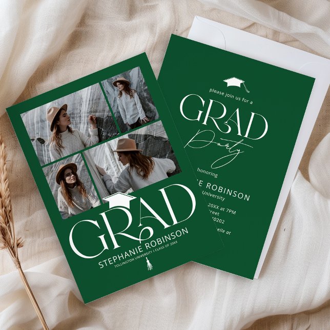 Convite Elegant Green & White 4 Photo Graduation Party (Criador carregado)