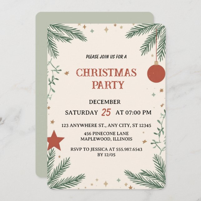 Convite Elegant Greenery Christmas Party Invitation Card (Frente/Verso)