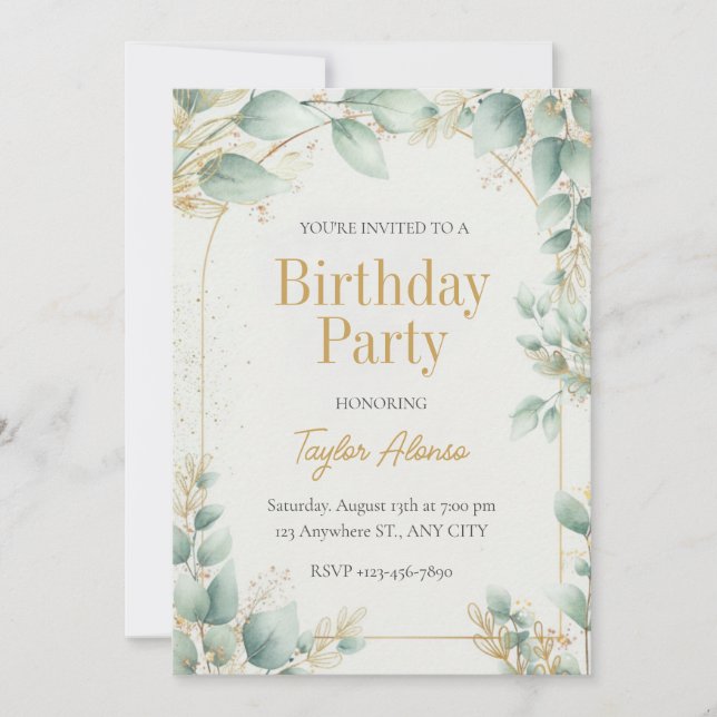 Convite Elegant Greenery Gold Birthday Invitation (Frente)