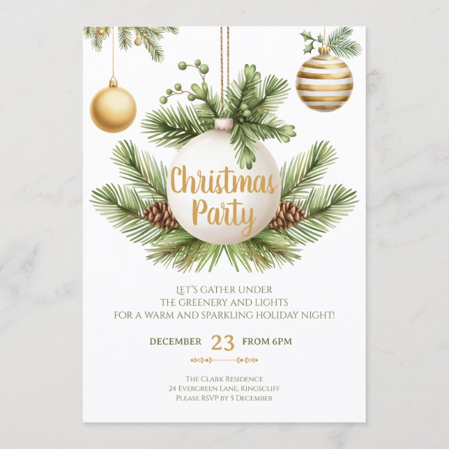 Convite Elegant Greenery & Gold Christmas Party Invitation (Frente)