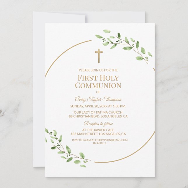 Convite Elegant Greenery Gold Cross First Holy Communion  (Frente)