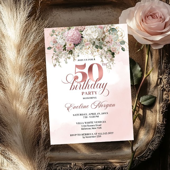 Convite Elegant Greenery Rose Gold Blush 50th Birthday  (Elegant Greenery Rose Gold Blush 50th Birthday Party Invitation

)