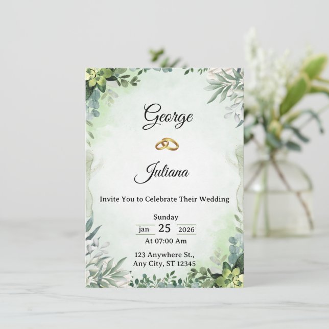 Convite Elegant Greenery Wedding Invitation (Em pé/Frente)